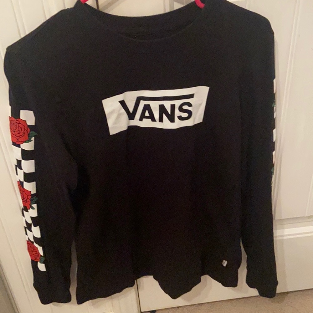 Vans long sleeve , black with red and white checkered on sleeves.